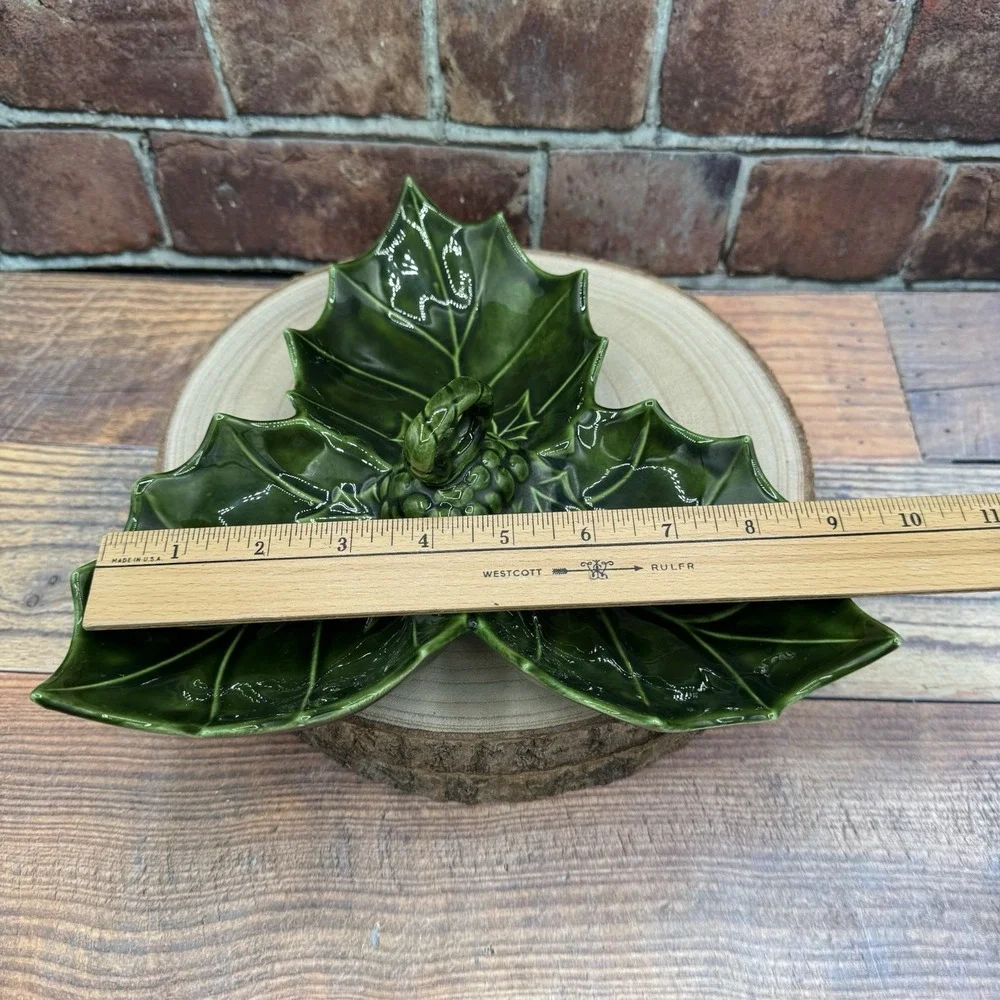 Vtg Majolica Style Holly Leaf Divided Serving Dish Green‎ Holiday Christmas MCM
